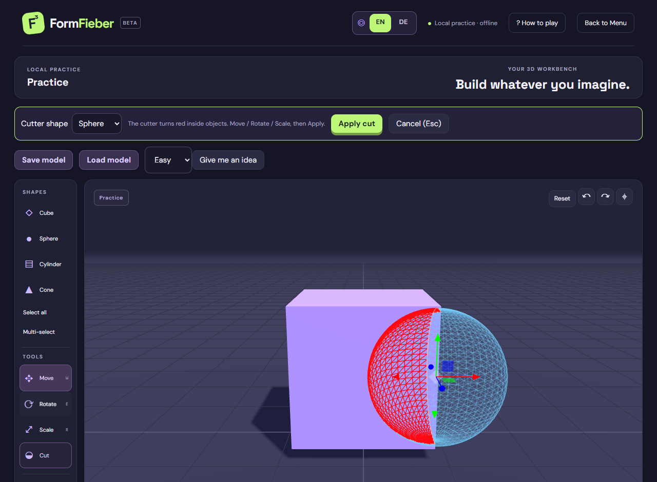 Actual Cut preview in Practice: the part of the sphere inside the cube is red; the outside stays blue.