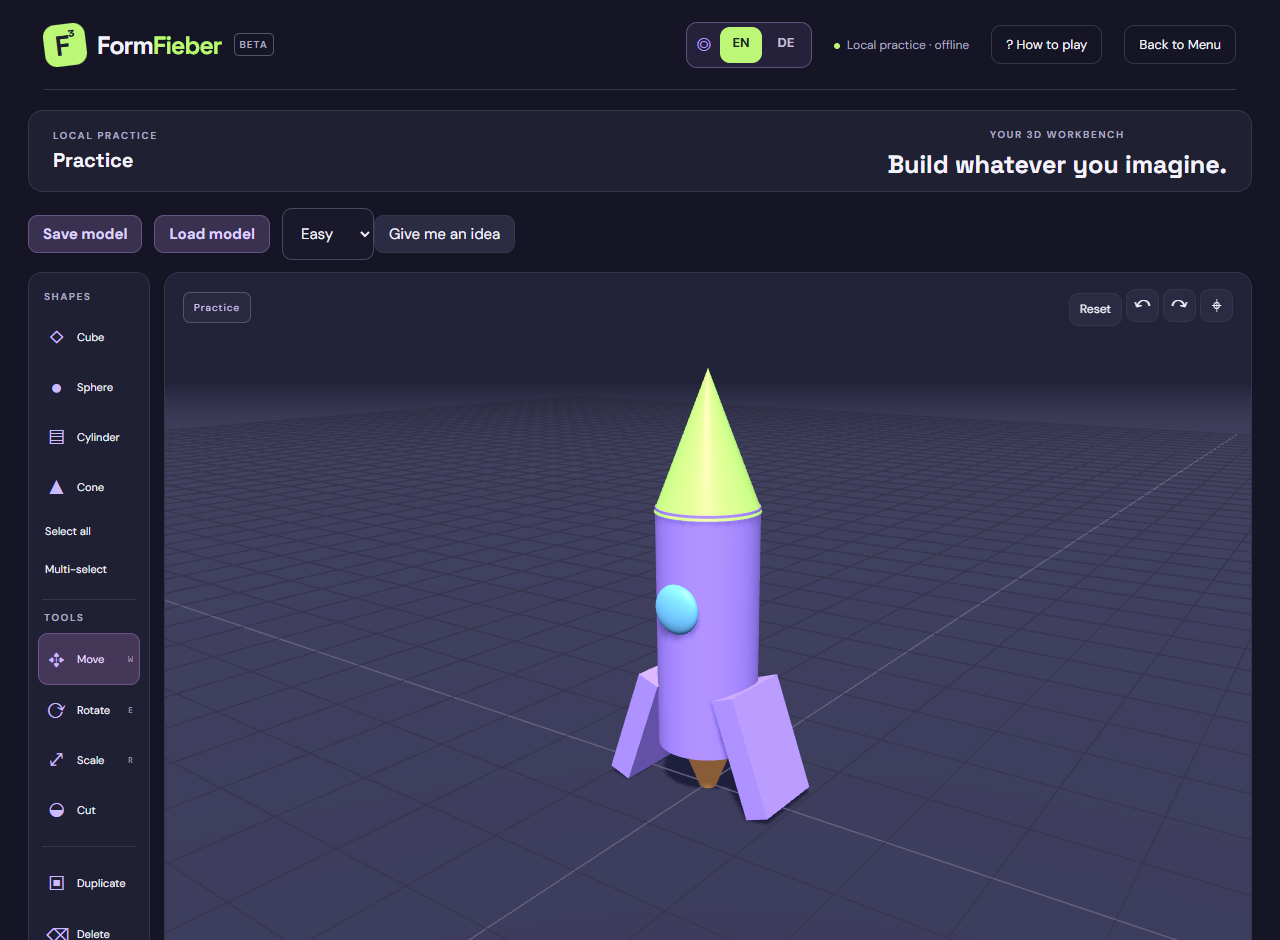 A rocket built in the actual Practice editor. Cylinders, cones, spheres and flat cubes combine into a recognizable clue.